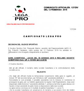 Comunicatogiudice sportivo Casertana-Lecce